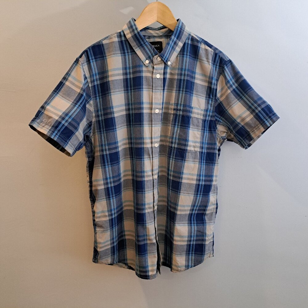 RVCA Men's Medium Regular Fit Short Sleeve Plaid Button Down Shirt